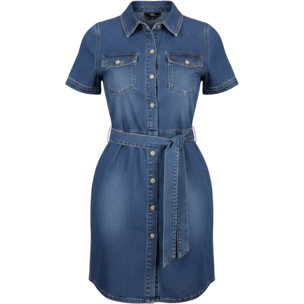 Frye Denim Shirt Dress Button Down Belted Mini Blue Large Cotton Womens